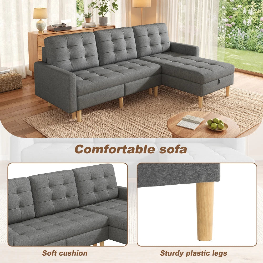 Canapé chesterfield d'angle convertible en tissu avec rangement – assise rembourrée et pieds, vue en situation