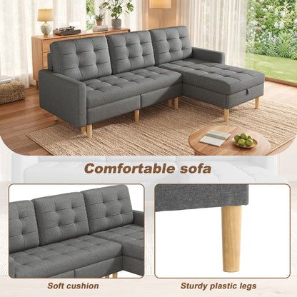Canapé chesterfield d'angle convertible en tissu avec rangement – assise rembourrée et pieds, vue en situation
