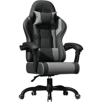 Fauteuil gamer assise bacquet ergonomique noir et gris avec coussin lombaire et cervical