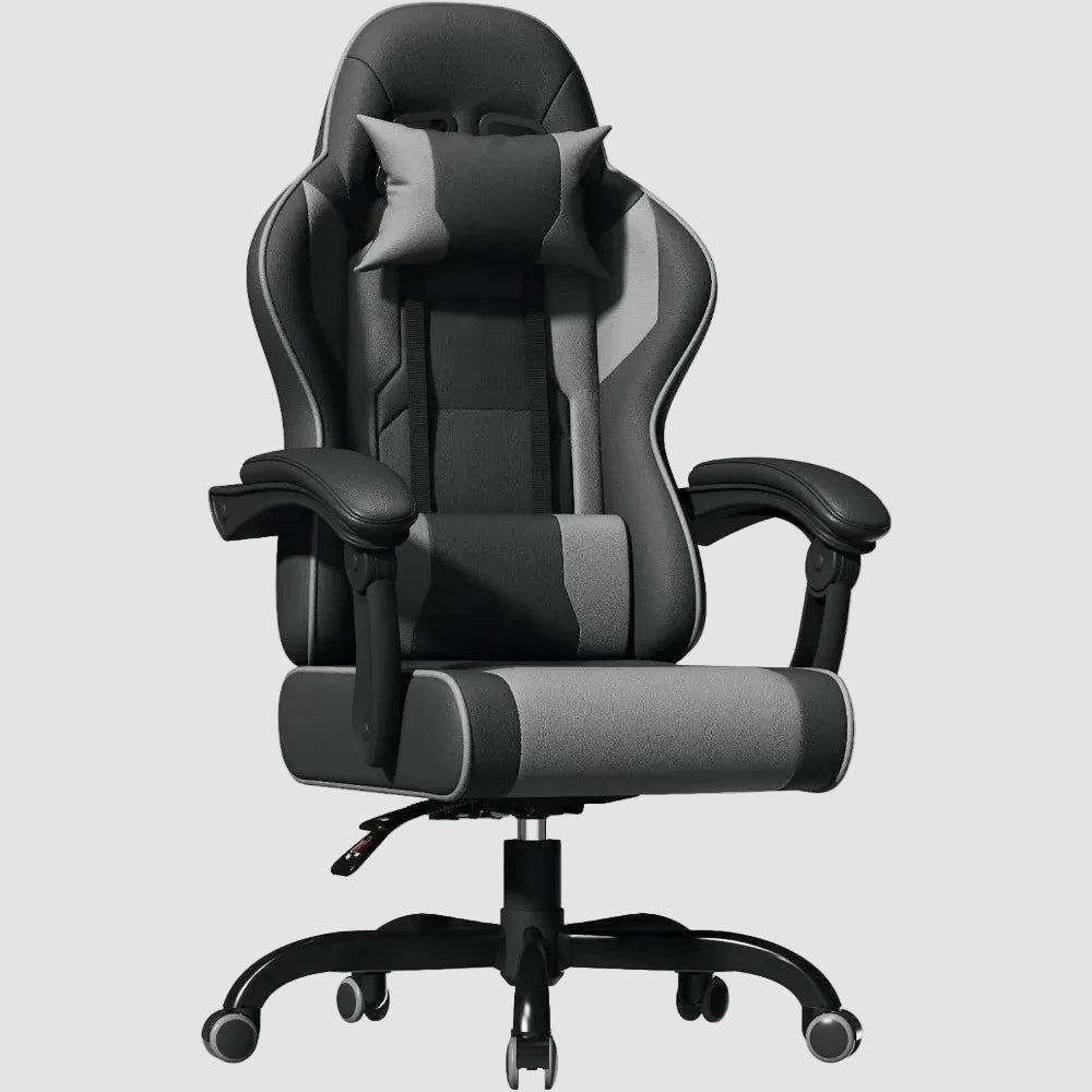 Fauteuil gamer ultra confortable noir et gris sur roulettes ajustable avec assise massante