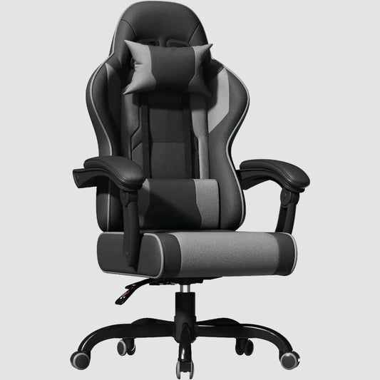Fauteuil gamer ultra confortable noir et gris sur roulettes ajustable avec assise massante 