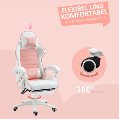 Fauteuil gamer ergonomique fille rose et blanc inclinable réglable avec oreilles de lapin décoratives appui-tête et renfort lombaire