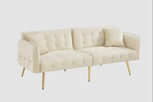 Canapé chesterfield convertible 2 places en velours avec pieds dorés – beige, vue de face sur fond blanc
