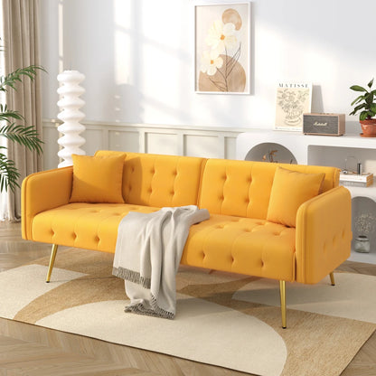 Canapé chesterfield convertible 2 places en velours avec pieds dorés – jaune, vue en situation