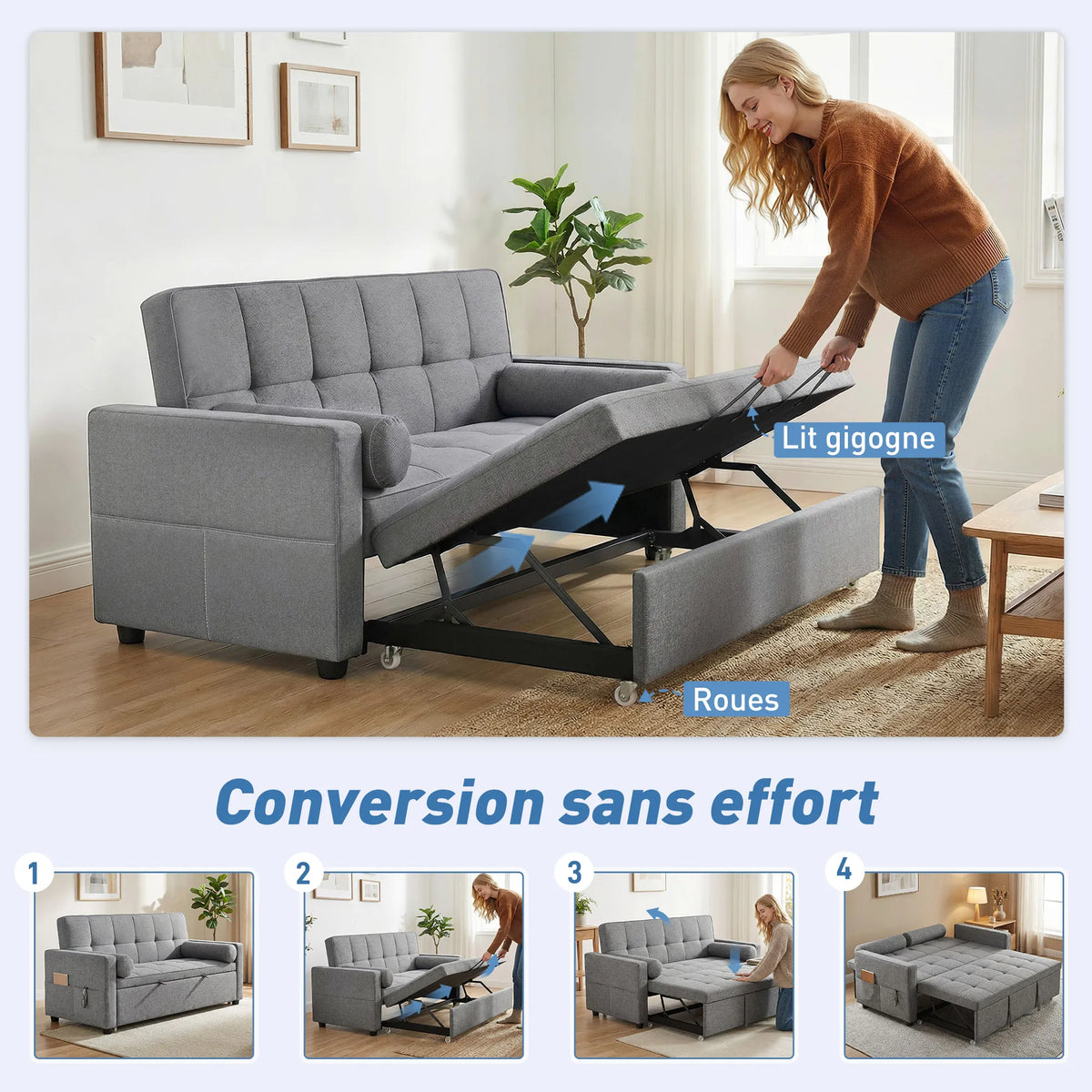 Canapé chesterfield convertible 2 places en tissu gris avec lit gigogne – transformation en lit avec le lit gigogne