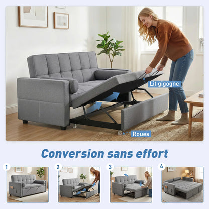 Canapé chesterfield convertible 2 places en tissu gris avec lit gigogne – transformation en lit avec le lit gigogne