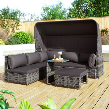 Canapé d'angle et salon de jardin gris avec capotte de protection