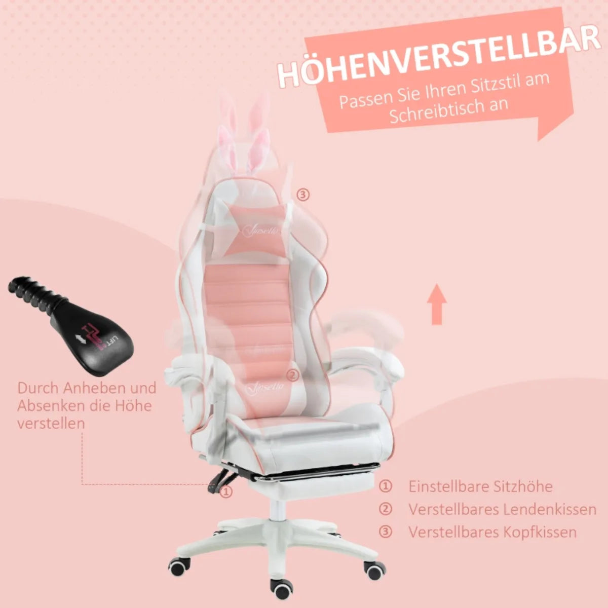 Fauteuil gamer ergonomique fille rose et blanc inclinable réglable avec oreilles de lapin décoratives appui-tête et renfort lombaire
