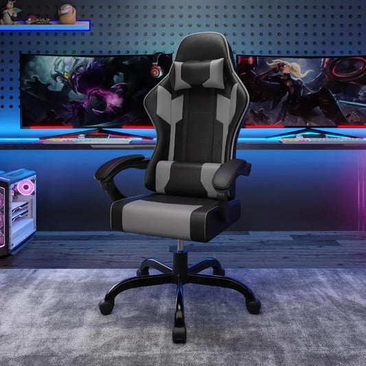 Fauteuil gamer assise bacquet ergonomique noir et gris avec coussin lombaire et cervical