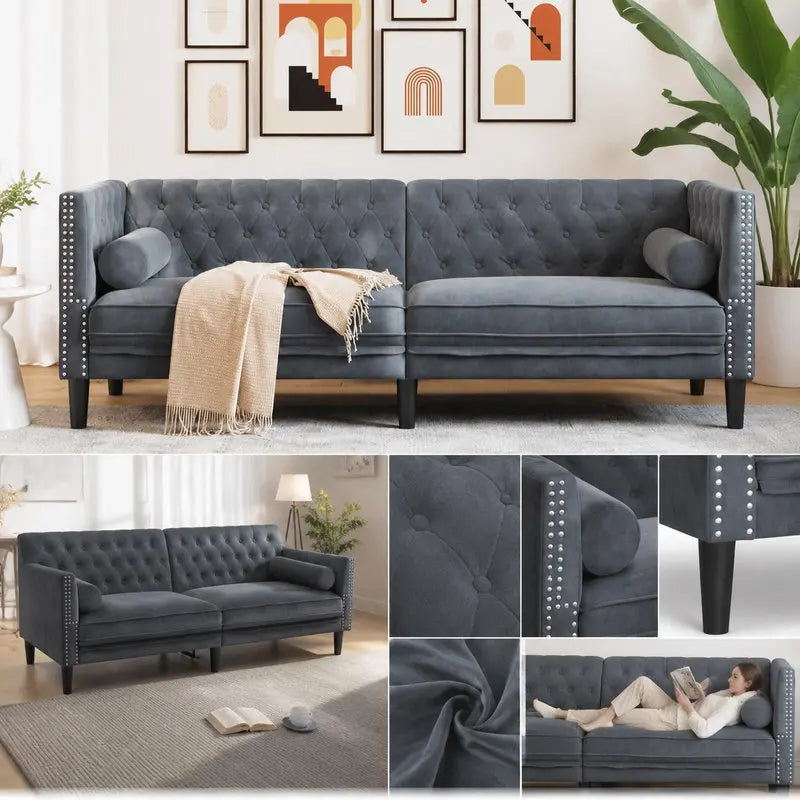 Canapé chesterfield 3 places en velours gris foncé – vue en situation et détails
