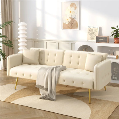 Canapé chesterfield convertible 2 places en velours avec pieds dorés – beige, vue de face en situation