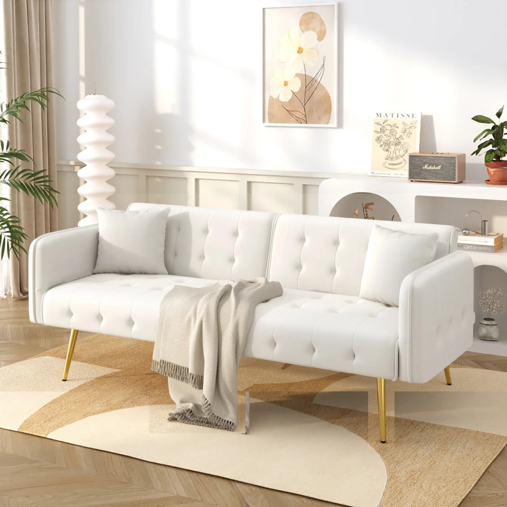 Canapé chesterfield convertible 2 places en velours avec pieds dorés – blanc, vue en situation