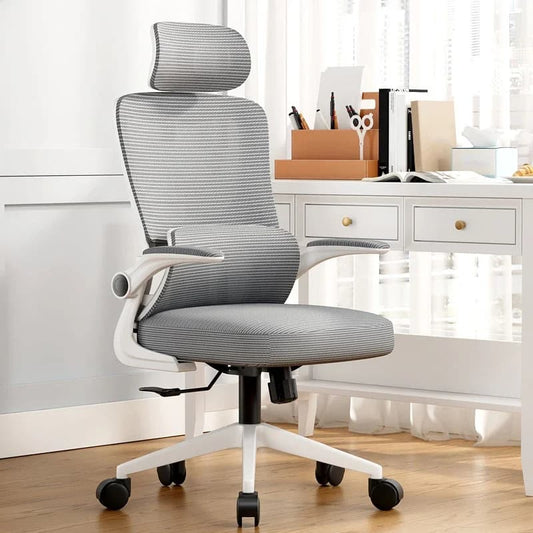 Chaise de bureau ergonomique à roulettes ajustable avec renfort lombaire et accoudoirs ajustables – Gris