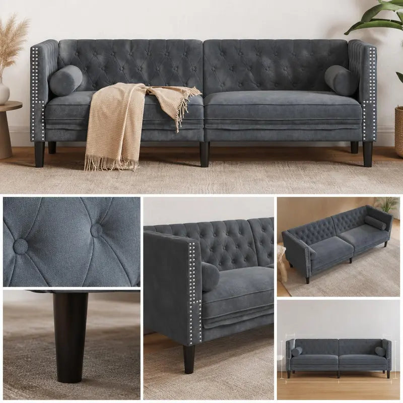 Canapé chesterfield 3 places en velours gris foncé – vue en situation et gros plans