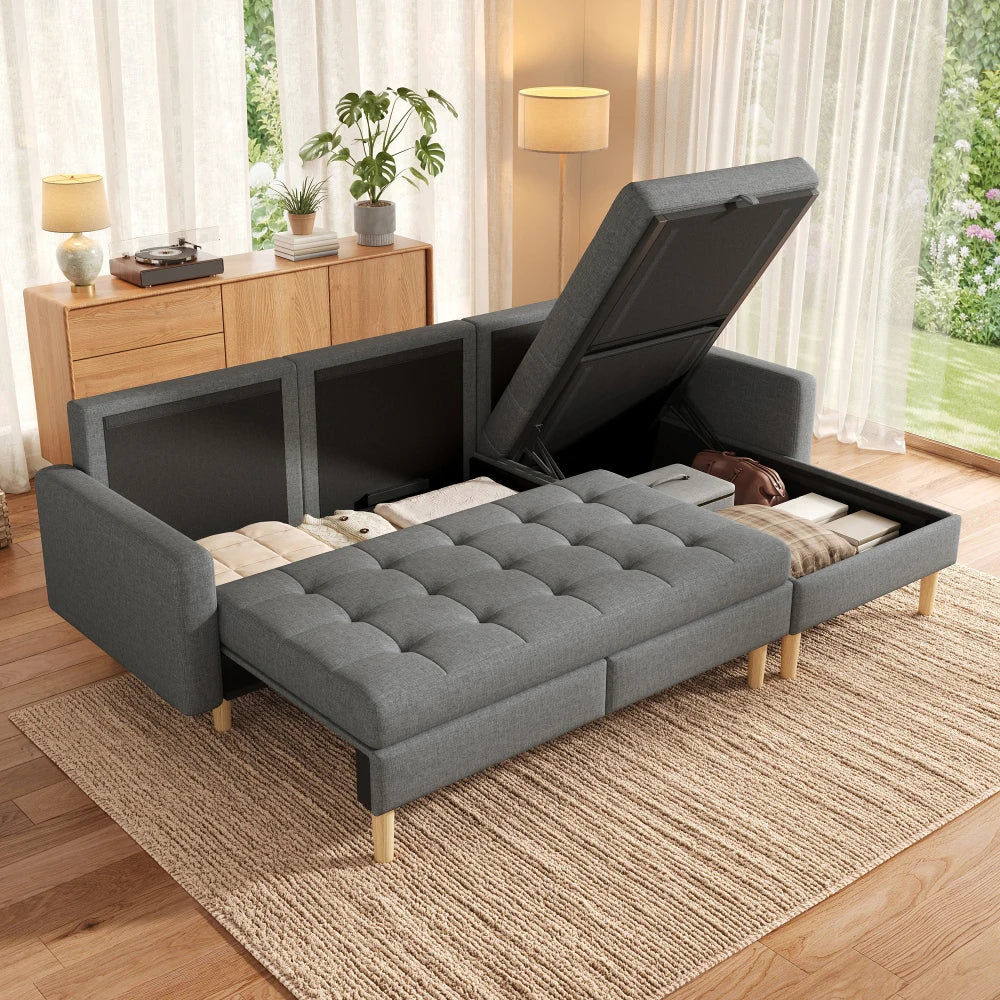 Canapé chesterfield d'angle convertible en tissu avec rangement – assise tirée, rangements ouverts sous l'assise et dans la méridienne