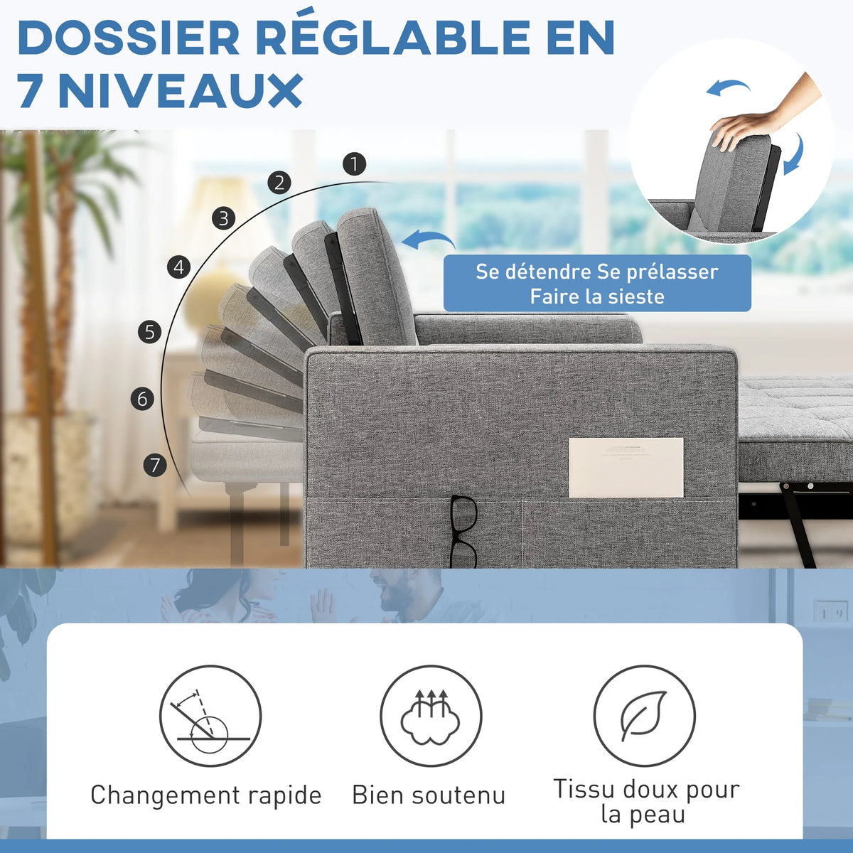 Canapé chesterfield convertible 2 places en tissu gris avec lit gigogne – dossier réglable sur 7 positions