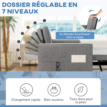 Canapé chesterfield convertible 2 places en tissu gris avec lit gigogne – dossier réglable sur 7 positions