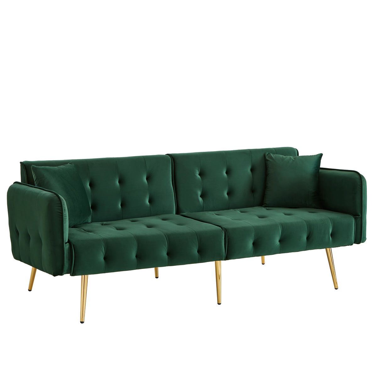 Canapé chesterfield convertible 2 places en velours avec pieds dorés – vert, vue de face sur fond blanc