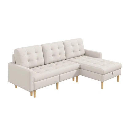 Canapé chesterfield d'angle convertible en tissu avec rangement – beige, vue de trois quarts sur fond blanc