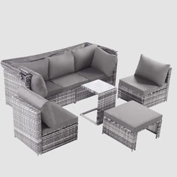 Canapé d'angle et salon de jardin gris avec capotte de protection