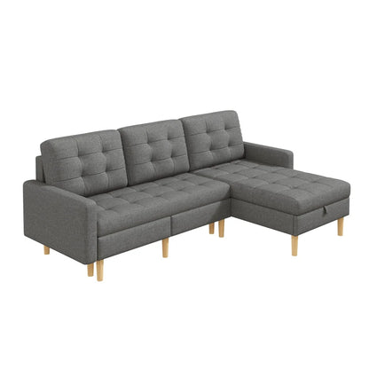 Canapé chesterfield d'angle convertible en tissu avec rangement – gris, vue de trois quarts sur fond blanc