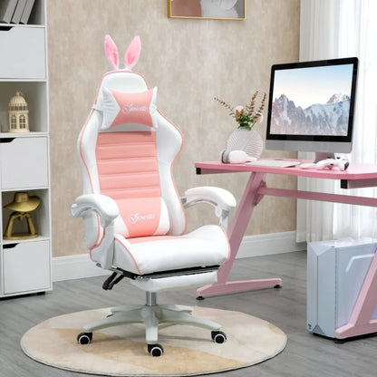 Fauteuil gamer ergonomique fille rose et blanc inclinable réglable avec oreilles de lapin décoratives appui-tête et renfort lombaire