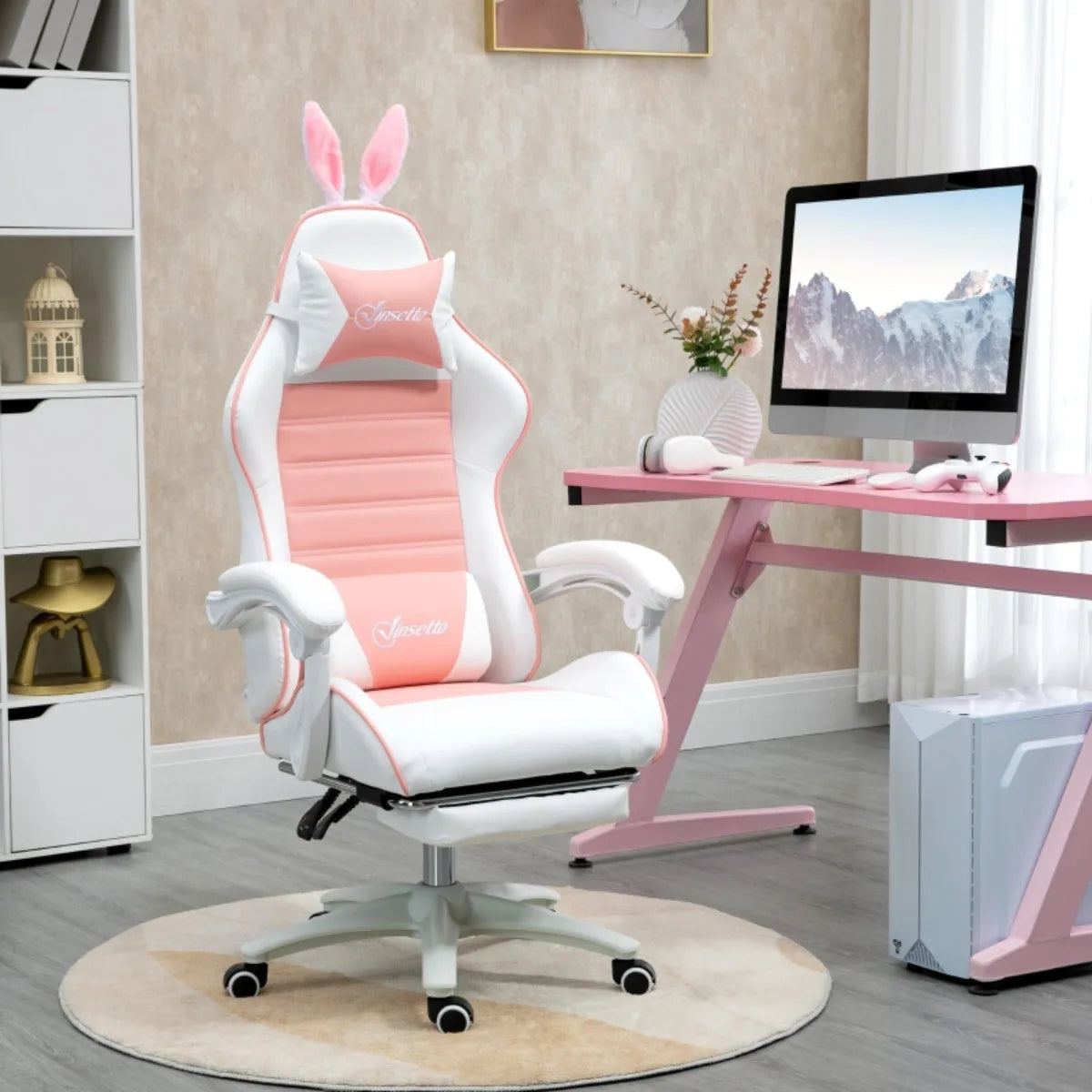 Fauteuil gamer ergonomique fille rose et blanc inclinable réglable avec oreilles de lapin décoratives appui-tête et renfort lombaire