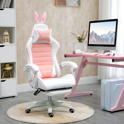 Fauteuil gamer ergonomique fille rose et blanc inclinable réglable avec oreilles de lapin décoratives appui-tête et renfort lombaire
