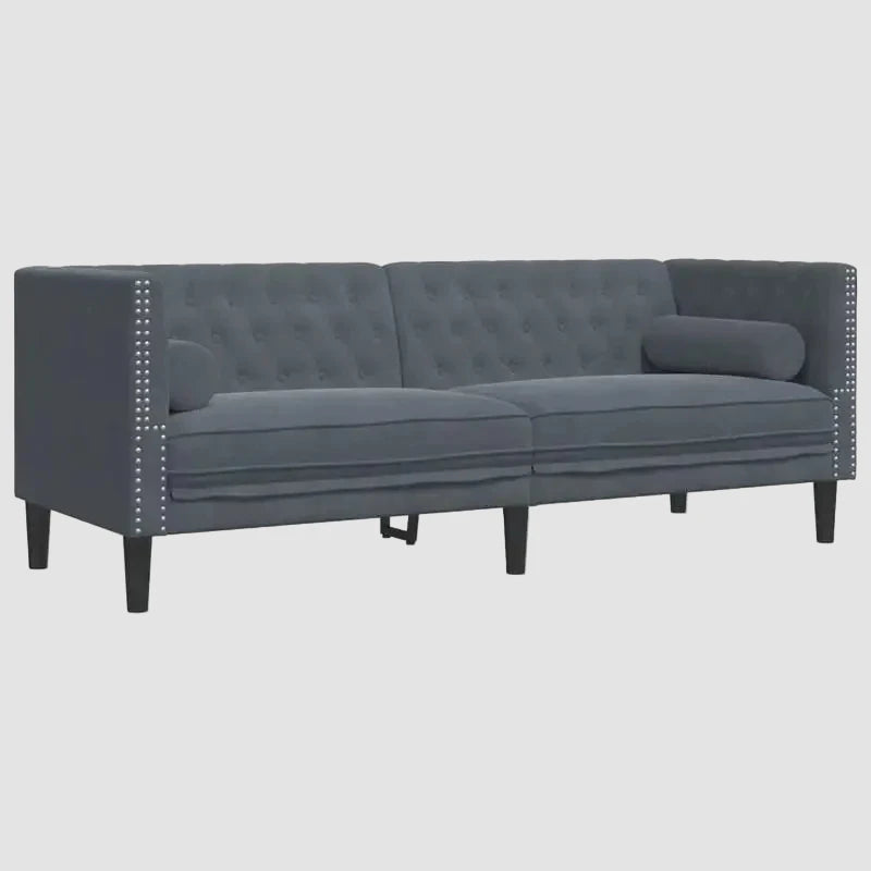 Canapé chesterfield 3 places en velours gris foncé avec pieds noirs et capitons métallique sur accoudoirs