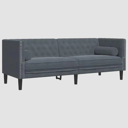 Canapé chesterfield 3 places en velours gris foncé avec pieds noirs et capitons métallique sur accoudoirs