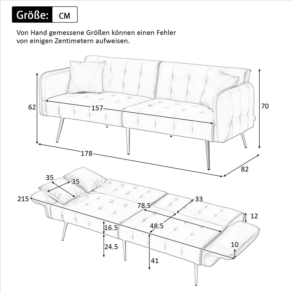 Canapé chesterfield convertible 2 places en velours avec pieds dorés – schéma des dimensions, couchage 215 x 81,5 cm
