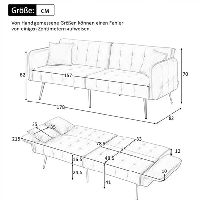 Canapé chesterfield convertible 2 places en velours avec pieds dorés – schéma des dimensions, couchage 215 x 81,5 cm