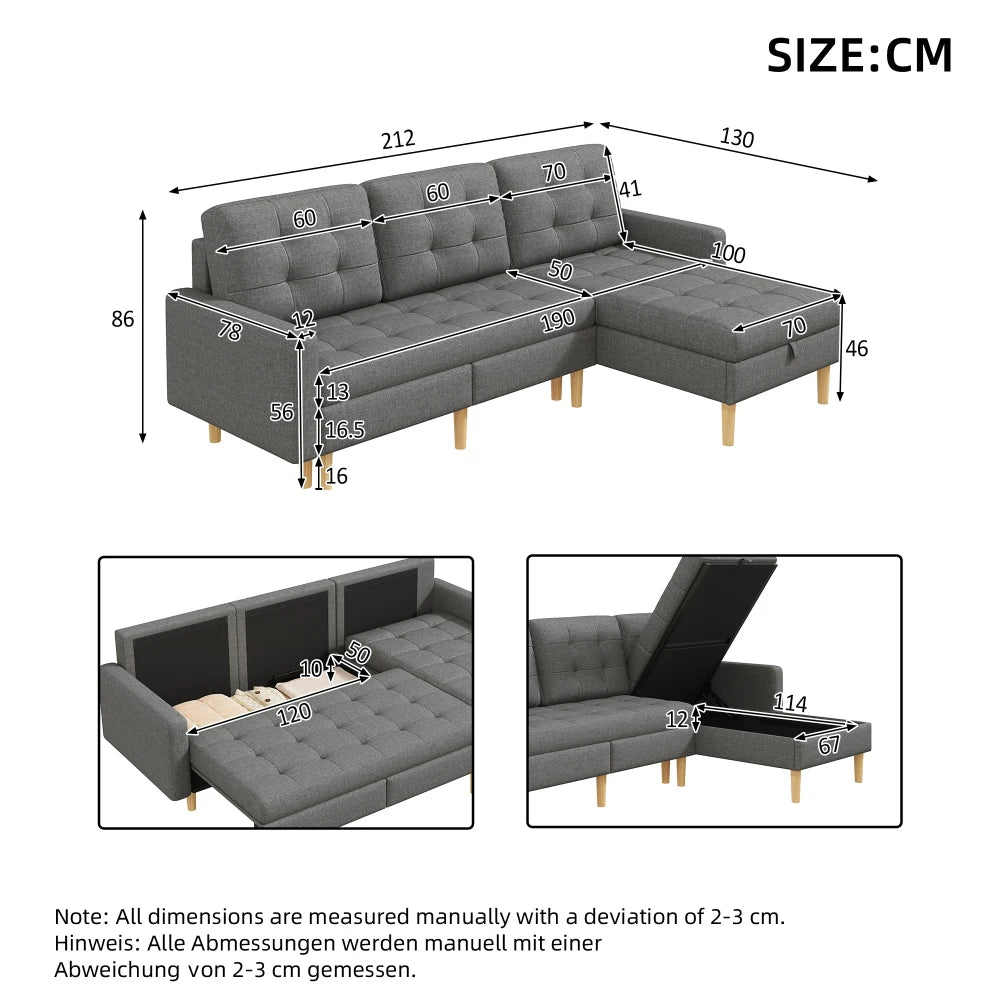 Canapé chesterfield d'angle convertible en tissu avec rangement – schéma des dimensions 212 x 130 x 86 cm
