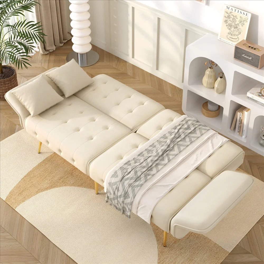 Canapé chesterfield convertible 2 places en velours avec pieds dorés – déplié en couchage de 215 cm