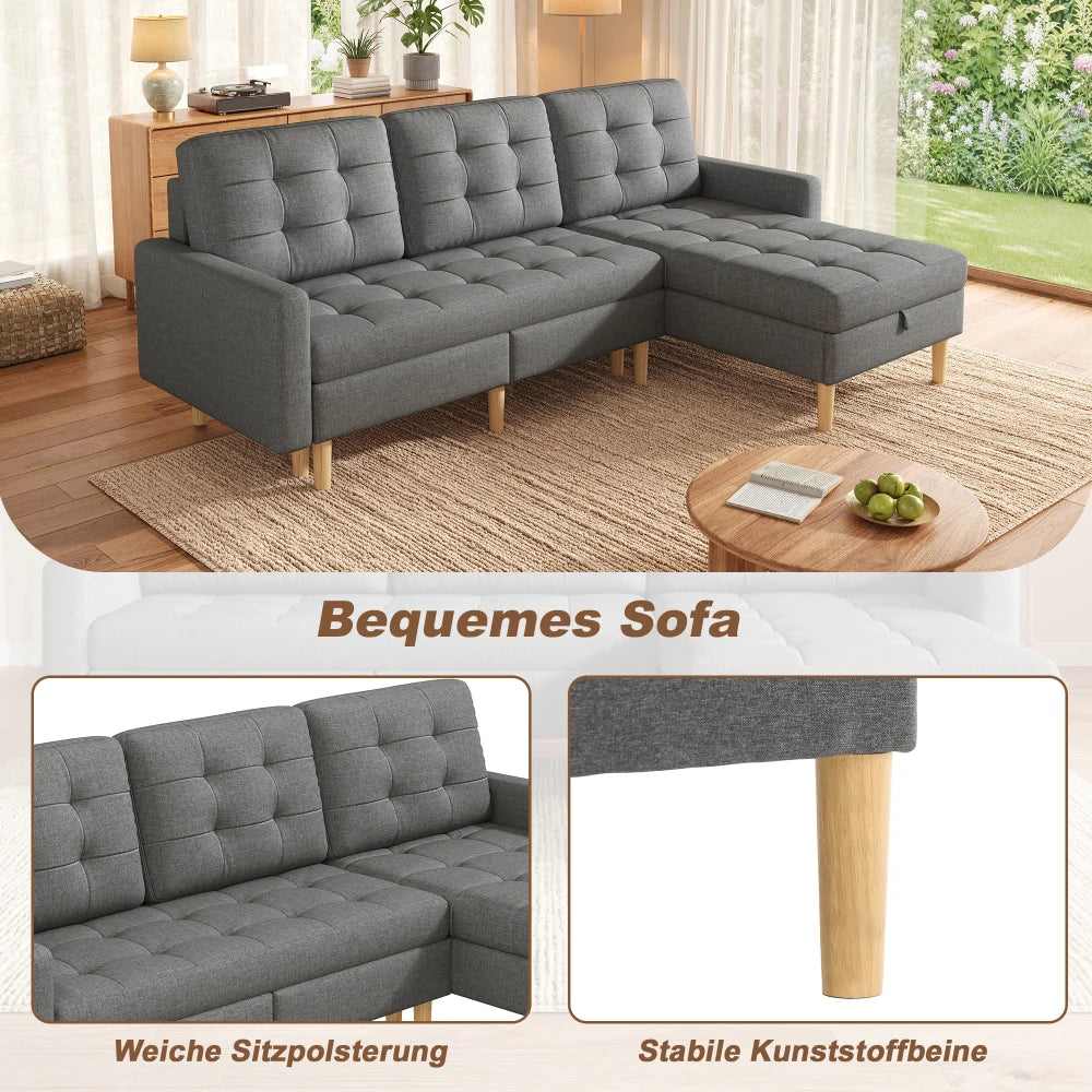 Canapé chesterfield d'angle convertible en tissu avec rangement – assise rembourrée et pieds