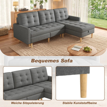Canapé chesterfield d'angle convertible en tissu avec rangement – assise rembourrée et pieds