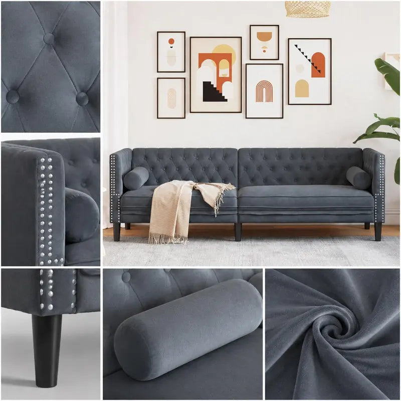 Canapé chesterfield 3 places en velours gris foncé – détails du velours et des traversins