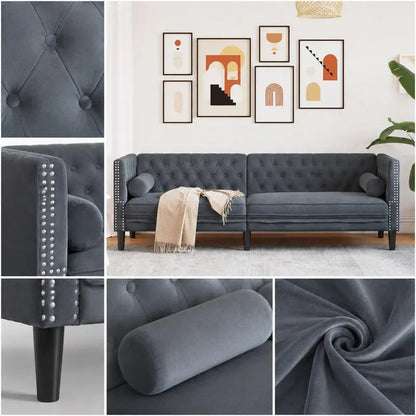 Canapé chesterfield 3 places en velours gris foncé – détails du velours et des traversins