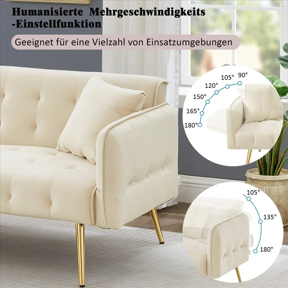 Canapé chesterfield convertible 2 places en velours avec pieds dorés – positions du dossier et des accoudoirs
