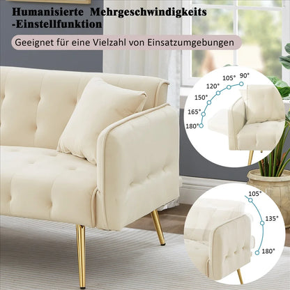 Canapé chesterfield convertible 2 places en velours avec pieds dorés – positions du dossier et des accoudoirs