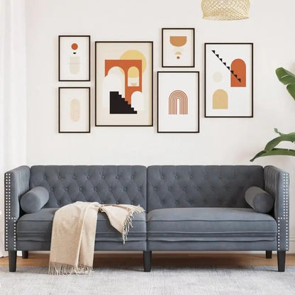 Canapé chesterfield 3 places en velours gris foncé – vue en situation dans un salon