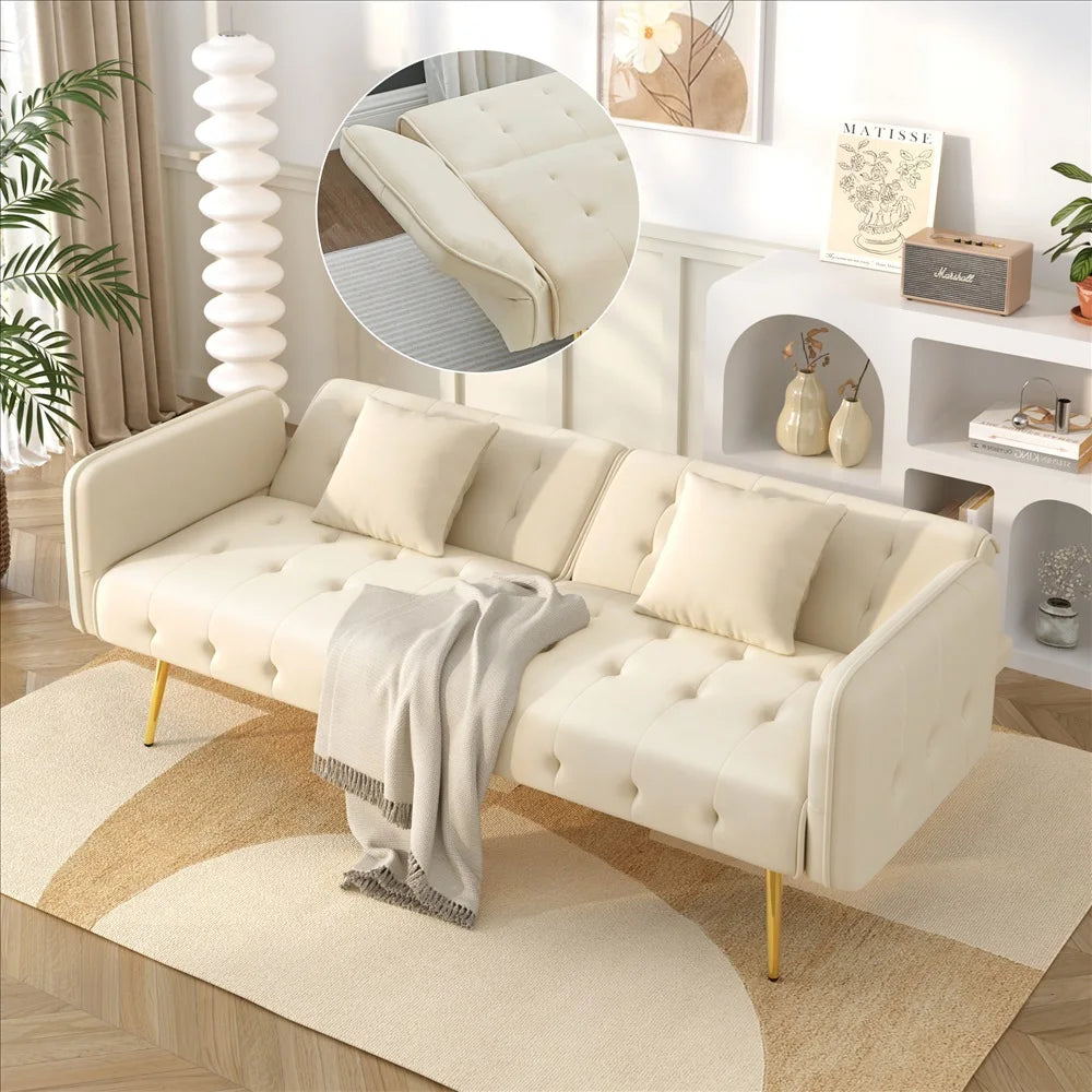 Canapé chesterfield convertible 2 places en velours avec pieds dorés – beige, vue en situation