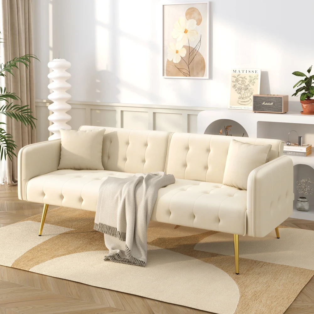 Canapé chesterfield convertible 2 places en velours avec pieds dorés – beige, vue en situation