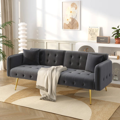 Canapé chesterfield convertible 2 places en velours avec pieds dorés – gris, vue en situation