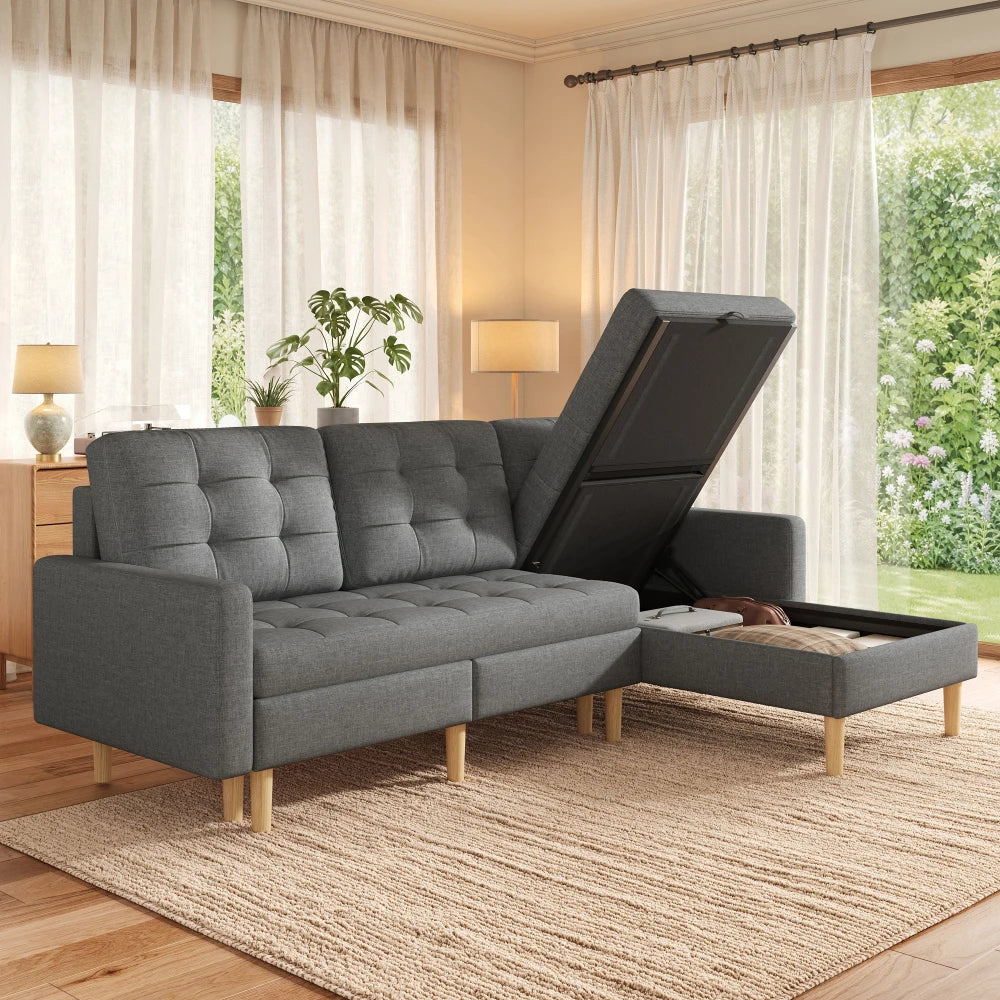 Canapé chesterfield d'angle convertible en tissu avec rangement – coffre de la méridienne ouvert