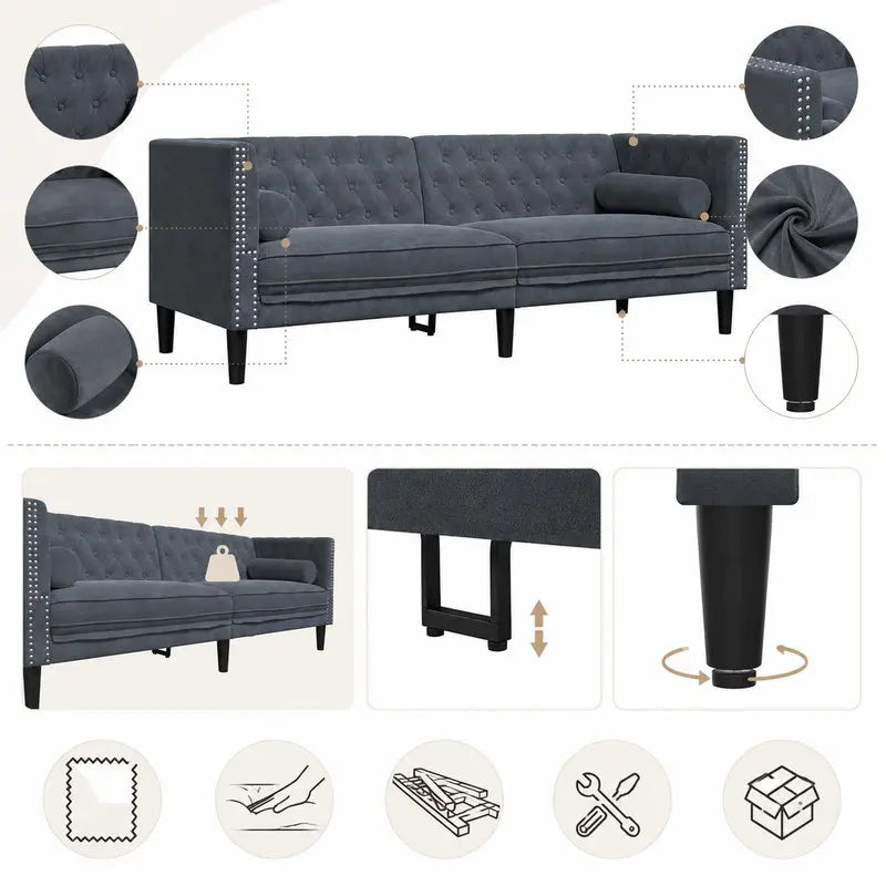 Canapé chesterfield 3 places en velours gris foncé – détails techniques et pied central réglable