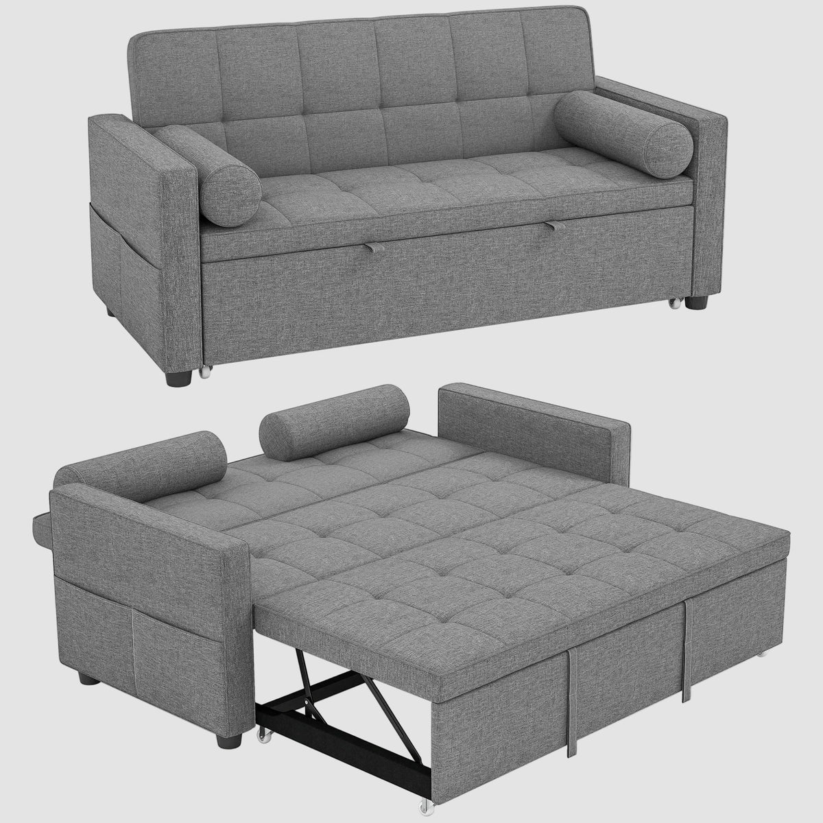 Canapé chesterfield convertible 2 places en tissu gris avec lit gigogne – en position canapé et en position lit