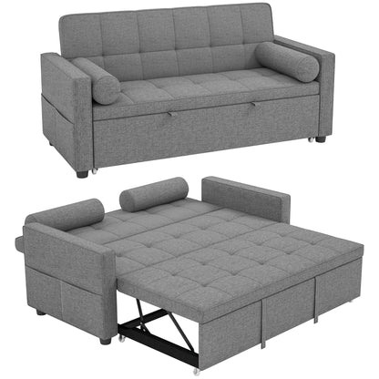 Canapé chesterfield convertible 2 places en tissu gris avec lit gigogne – en position canapé et en position lit