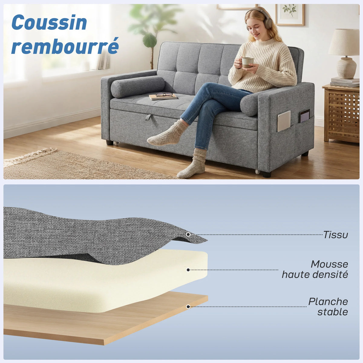 Canapé chesterfield convertible 2 places en tissu gris avec lit gigogne – coussin rembourré en mousse haute densité