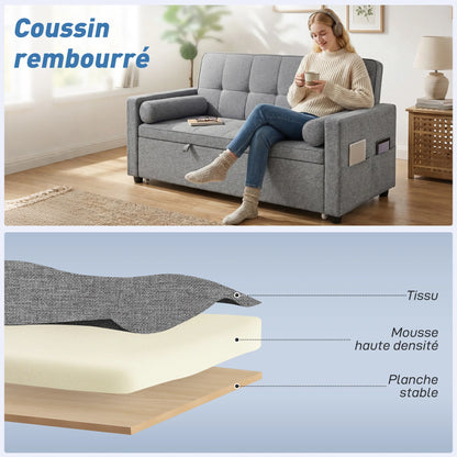 Canapé chesterfield convertible 2 places en tissu gris avec lit gigogne – coussin rembourré en mousse haute densité